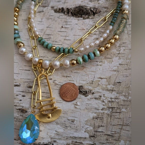 Blue Mint Czech Glass Beads & Pearls In 3 Layered Statement Paperclip Necklace - Picture 10 of 12